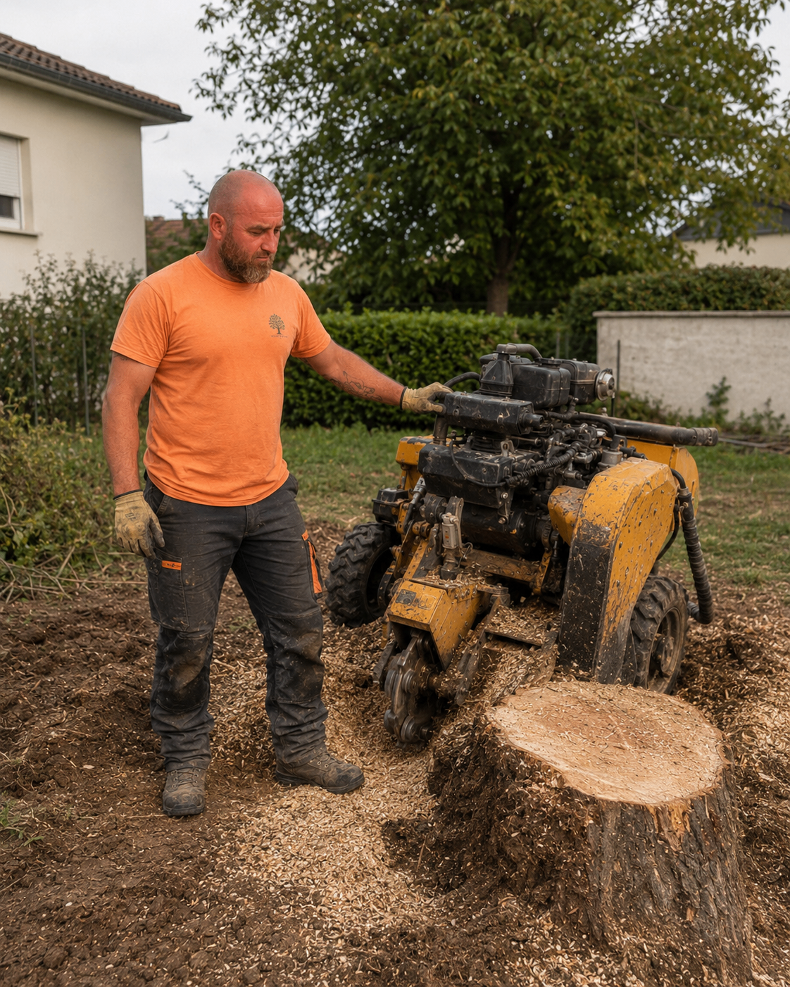 Ruddy Élagage avec une rogneuse pour le dessouchage