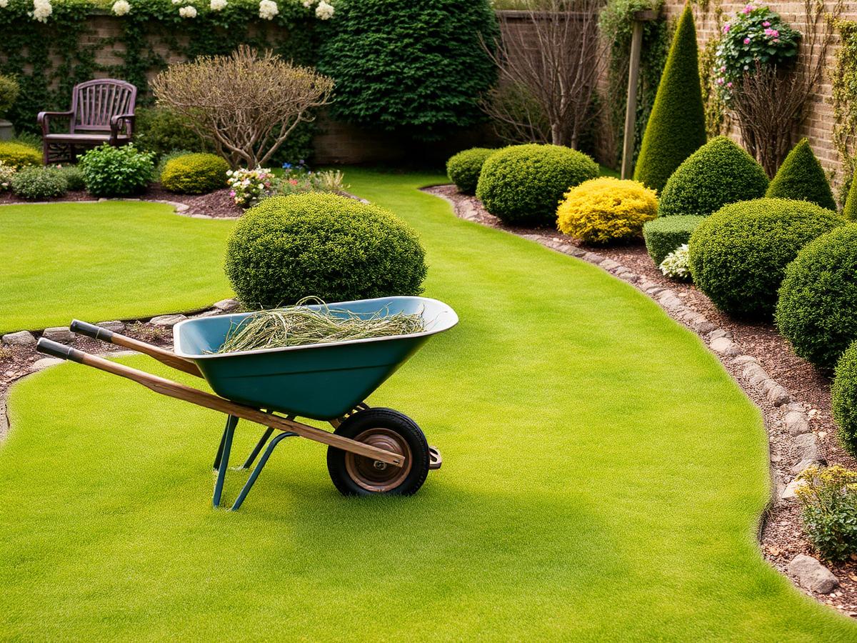 Jardin entretenu avec pelouse tondue et massifs nettoyés — exemple d'intervention Ruddy Élagage